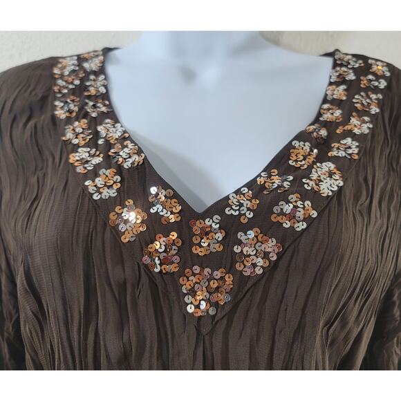 The In Shop Brown Accordion Pleated Sequin V Neck Top Medium Lightweight Soft - Picture 6 of 6